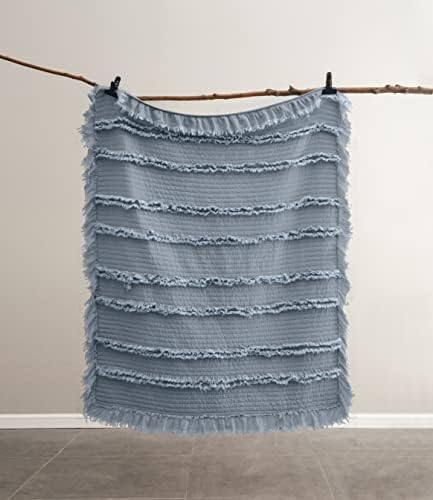 Ultra Soft Pre-Washed Quilted Throw Blanket, Ruffle Fringed Dark Blue Decorative Throw, Stone Washed Chic Rustic Blanket for Sofa Couch Bed Chair, 50"x 60"
