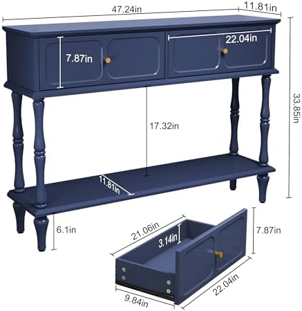 ARTPOWER 47" Mid-Century Console Table, 2 Drawers and Open Shelf, Blue
