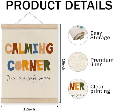 MAQIKA Calming Corner Mental Health Poster Framed with Wood Hanger, Therapy Office Hanging Wall Decor, Safe Space Sign Canvas Wall Art Paints for Therapy School Counselor Office Classroom, 12x16 Inch