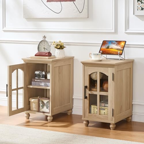 Narrow Side Table Set of 2, Farmhouse Nightstand with Charging Station