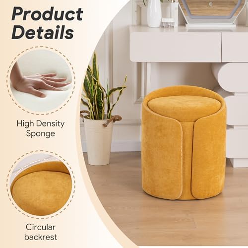 Storage Vanity Stool with Gold Base Comfy Vanity Chair Modern Round Stool for Makeup Vanity Ottoman Foot Rest for Bedroom livingroom, Yellow