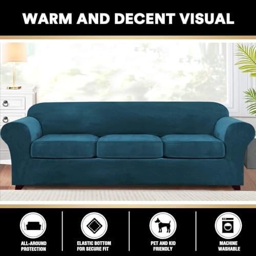 PrinceDeco Velvet Couch Covers for Sofa Soft 4 Pieces Couch Covers for 3 Cushion Couch Sofa Pet Friendly Furniture Protector with Non Slip Elastic Bottom Width Up to 97 Inch (Large Sofas, Deep Teal)