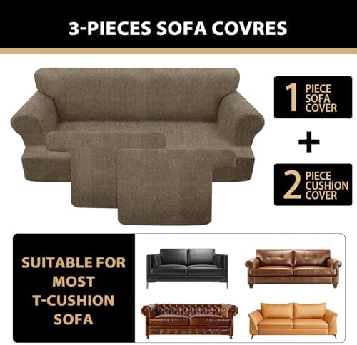 3 Pieces Sofa Covers fot T Cushion Loveseat Slipcover, Sofa Stretch Slip Covers for 2 Cushion Couch with 2 Individual T Shape Seat Covers (Brown, 2 Cushion)