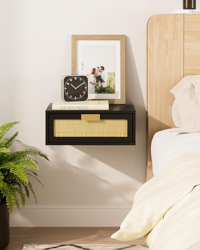 Aienvey Floating Nightstand, Floating Shelf with Drawer, Black Rattan