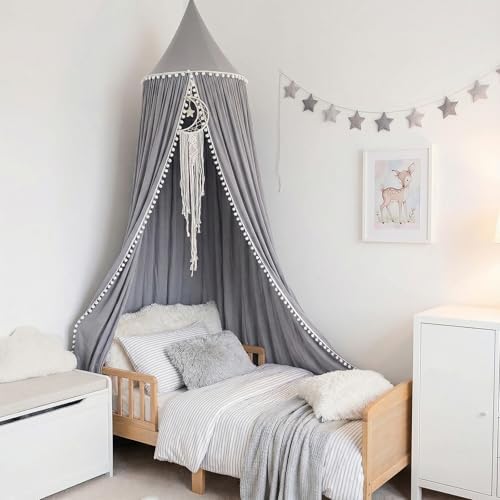 LOAOL Bed Canopy with Pom Pom Kids Reading Nook Hanging Tent (Gray)