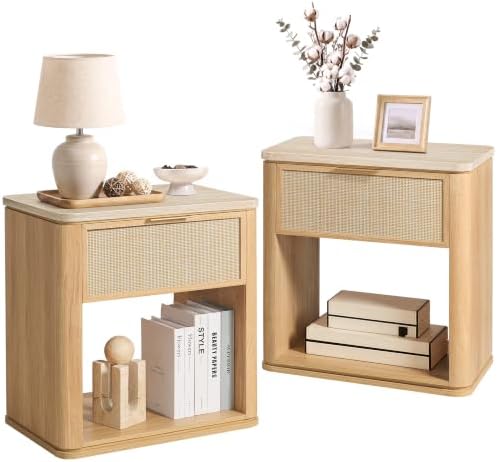 Night Stand Set of 2, Rattan Nightstand with 1 Drawer&Open Shelf