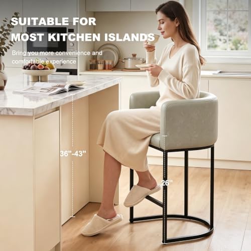26" H Counter Height Bar Stools Set of 4, Modern Barrel Counter Stools with Backrest and Arms, Faux Leather Upholstered Accent Barstools for Kitchen Island,Support 450 LBS (Grayish White)