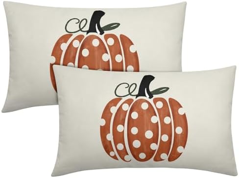 Fall Pumpkin Throw Pillow Cover 20X12 Inch Set of 2 Autumn Orange Pumpkin Outdoor Pillow Cases Polka Dot Beige Thanksgiving Farmhouse Lumbar Cushion Covers for Sofa Couch Porch Patio Home Decor