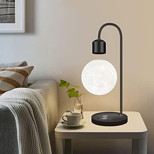 Unique Modern Levitating Lamp with Floating Light and Built-in Qi Wireless Charger, Simplistic and Innovative Design, Warm Decorative Night Light (Black Moon)