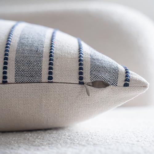 Cethom Decorative Boho Throw Pillow Covers, Farmhouse Textured Pillow Case, 22 x 22 Inch Set of 2, Chair Sofa Bedroom Living Room Decor Couch Cushion Case, Navy Blue and Beige Striped