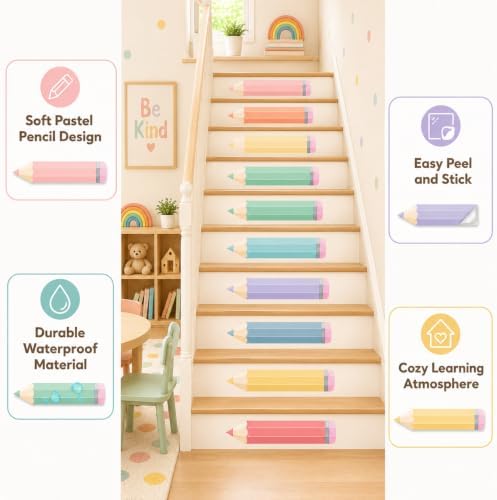Cinrobiye 12 Pcs Pastel Pencil Classroom Stair Decals, Wall Stickers for Back to School Decor, Teacher Classroom Decorations for Kindergarten, Nursery, Door, Wall, Bulletin Board and Learning Spaces