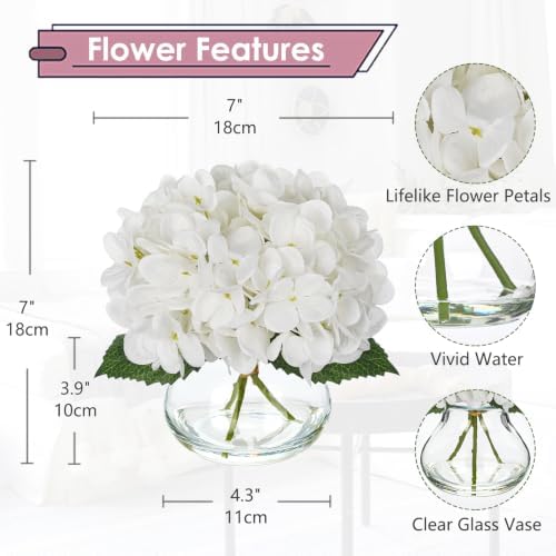 Hollyone White Hydrangea Artificial Flowers in Vase Medium 7inch Silk Fake Hydrangeas Flowers Arrangements with Medium Glass Vase with Faux Water for Home Office Wedding Table Centerpiece Decorations