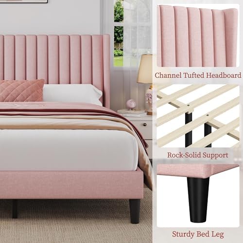 Yaheetech Queen Bed Frame with Headboard,Pink Channel-Tufted Platform
