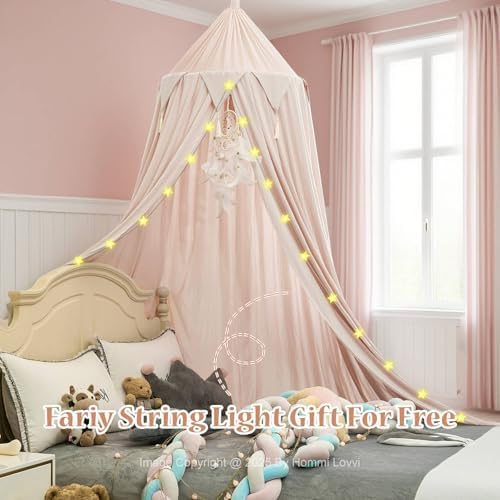Hommi Lovvi Princess Bed Canopy for Girls, Dreamy Tassels Ceiling Canopy Net Kids Room Decor Soft Nursery Crib Canopy Reading Nook, Large Children Canopies Full Queen Size with Lights - Light Pink
