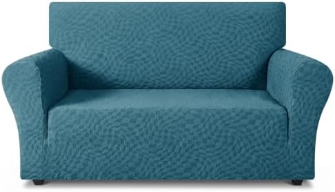 ZNSAYOTX 1 Piece Stretch Loveseat Covers for 2 Cushion Couch (55"-71"), New Plaid Couch Cover with Non-Slip Buckle for Dog Pets, Soft Cozy Washable Sofa Slipcover Form Fit Protector, Teal
