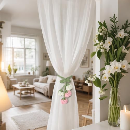 Flower Curtain Tiebacks, 4pcs Lily-of-The-Valley Curtains Holdbacks, Cute Curtain Holdbacks - No Drill Rope Holder, Drape Knitting Handmade for Nursery&Children's Room Decor (Pinkish/White)