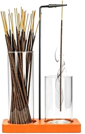 2 in 1 Incense Holder for Sticks Incense Burner Holder with Storage,Glass Upside Down Incense Holder for Sticks with Glass Ash Catcher for Meditation Yoga Spa Room Home Decor[Orange]