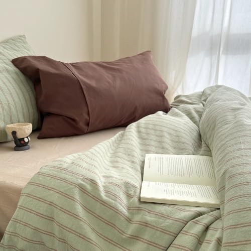 AOJIM Green & Russet‑Red Striped Duvet Cover Twin XL 3Pcs Vintage Bedding