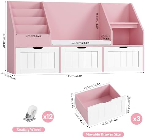 FOTOSOK Kids Bookshelf with Reading Nook, Toy Storage with Seat Cushion