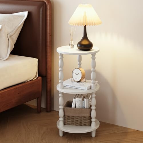Yoobure Small Round Side Table - 3-Tier End Table with Storage Shelf, Narrow Bedside Table Nightstand for Bedroom, Accent End Tables Living Room, Wood Side Tables for Small Spaces, Office, White