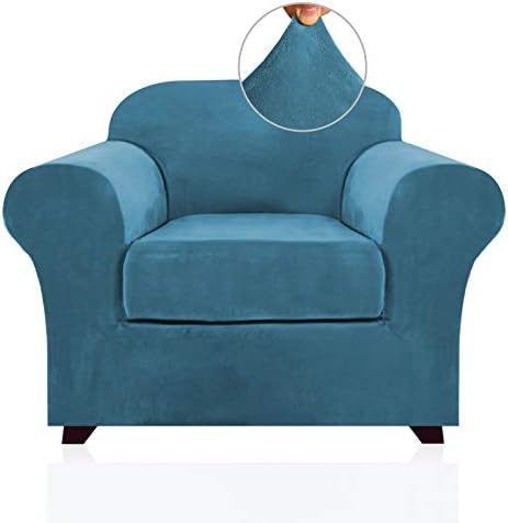 PrinceDeco Velvet Plush Couch Cover Stretch 2 Piece Chair Cover Chair Slipcover Washable Furniture Protector Couch Soft with Elastic Bottom Armchair Cover Width Up to 49 Inch(Small, Blue)