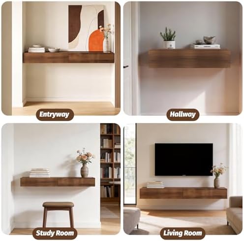 Floating Solid Wood Console Table, 47'' Wall Mounted Narrow Entryway Table with Storage Shelf, Modern Couch Shelves Small Entry Way Tables for Entryway, Front Hall, Hallway (Walnut, 47.24IN)