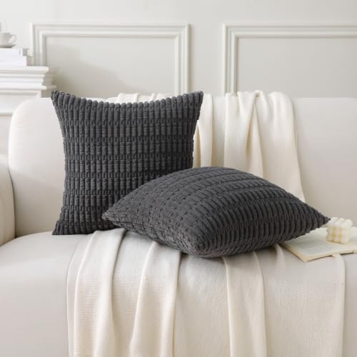 2 Pack Corduroy Decorative Throw Pillow with Inserts, 20x20 Inch Soft Boho Throw Pillow, Square Striped Throw Pillows for Couch, Bed, Sofa Decor (Dark Gray)