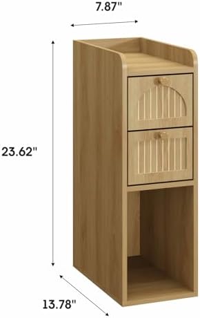 7.87" Narrow Nightstand Set of 2, Fluted Slim Bedside Table with 2 Drawers, Mid Century Modern Small End Table with Gold Metal Handles, for Bedroom, Living Room & Small Spaces - Natural