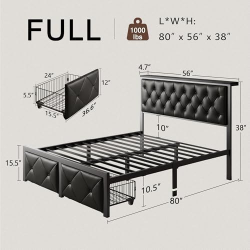 Einhomn Full Bed Frame with Storage Drawer, Metal Platform Bed with Charging Station, Upholstered Faux Leather Button Tufted Storage Headboard, No Box Spring Needed, Noise-Free, Easy Assembly, Black