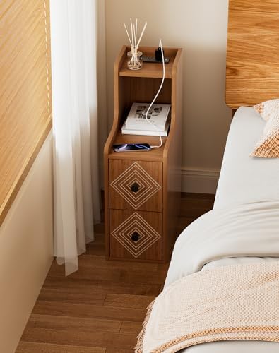 Narrow End Table Set of 2 with Charging Station, Walnut Skinny Bedside Tables with Storage Drawers, Small Side Tables for Small Spaces, Bedroom