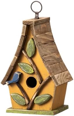 Glitzhome Bird Houses for Outside, Bluebird Houses for Outdoors, 9.5"H Hanging Bird House Decorative Solid Wood Birdhouse with Natural Wood Pallet Roof for Hummingbird,Sparrow,Wren Finch,Washed Yellow