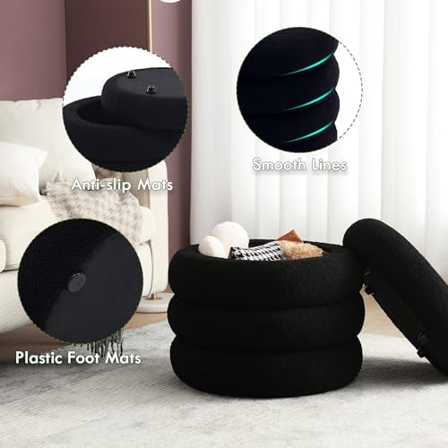 Boucle Ottoman with Storage Black, Small Round Footrest Stool with Removable Lid, Upholstered Sherpa Vanity Chair for Bedroom Entryway