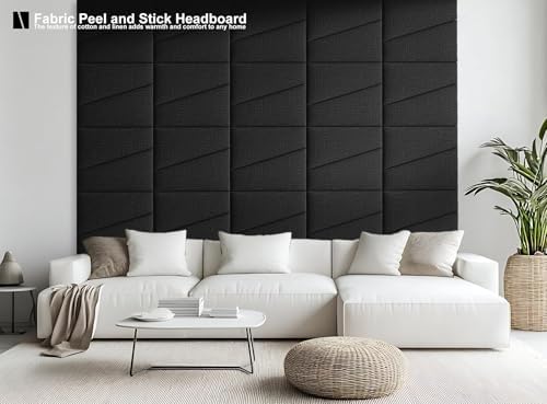 Peel and Stick Headboard for Twin Bed Linen Fabric Upholstered Wall Mounted Headboard - Wall Padding Panel in Black for Bedroom/Living Room/Dorm (4 Panels)