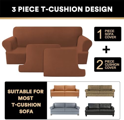 PrinceDeco T Cushion Loveseat Slipcover 3 Pieces Sofa Covers for T Cushion Sofa Stretch Slip Covers for 2 Cushion Couch with 2 Individual T Shape Seat Covers Width Up to 76"- Washable, Caramel