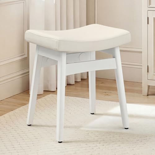 LUE BONA Vanity Saddle Stool with Wood Legs, Modern Vanity Chair for Makeup