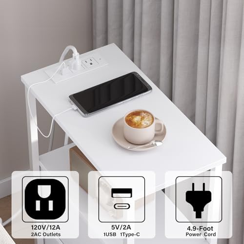 TUTOTAK Narrow LED End Table, Skinny Side Table with Charging Station
