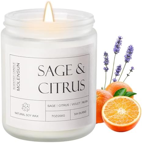 Molensun Sage Citrus Scented Candle, Soy Wax 7 oz