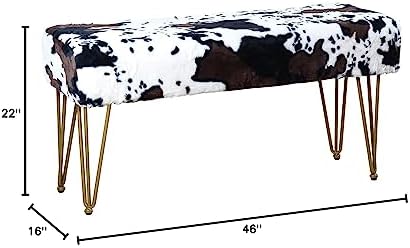 Cow Long Rectangle Faux Fur Ottoman 46"x16"x22" Entryway Bench Soft Furry Footrest Stool Sturdy Accent Seating Bench for Bedroom End of Bed Fuzzy Table for Living Room Closet with Golden Legs