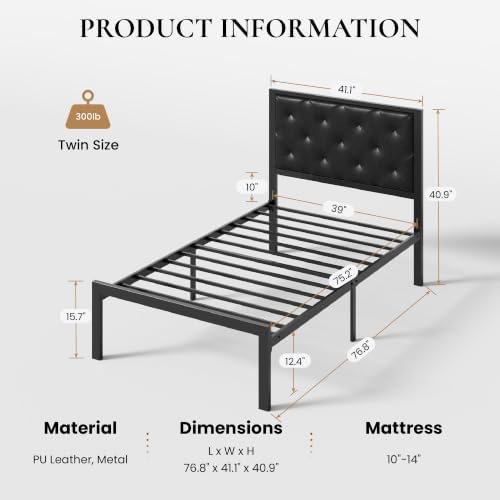 SHA CERLIN Twin Size Metal Bed Frame with PU Tufted Headboard, Black