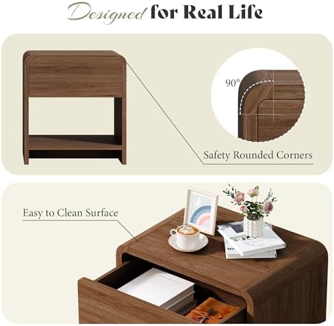 AMERLIFE Nightstands Set of 2 with Storage Drawer & Shelves, Walnut