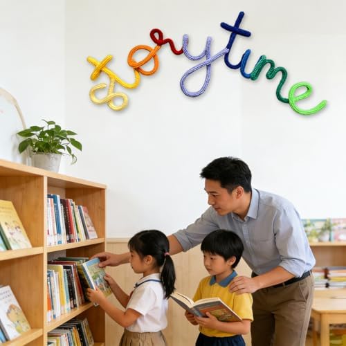 Handmade Storytime Wall Sign-Knitted Wire Storytime Sign Reading Corner Sign Decor story time wall sign wire Letters Book Corner Decor for Kids Room Nursery & Playroom (Rainbow Story)
