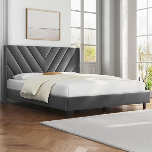 Yaheetech Full Bed Frame with Chevron Channel-Tufted Headboard, Dark Gray