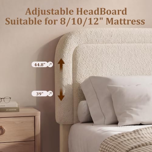 Vipbear Boucle Queen Size Bed Frame with Adjustable Headboard, Upholstered Platform Bed Frame with Wood Slats, Noise-Free Cloud Queen Bed, No Box Spring Required, Easy Assembly, Beige