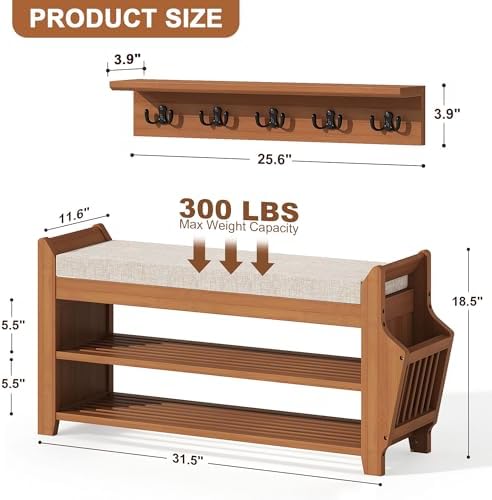 PETKABOO 31.5" Shoe Bench with Coat Rack Hidden Drawer and Side Holder, 2 Tier Entryway Bench with Storage, Bamboo Shoe Rack with Cushion for Entryway Hallway Living Room Bedroom
