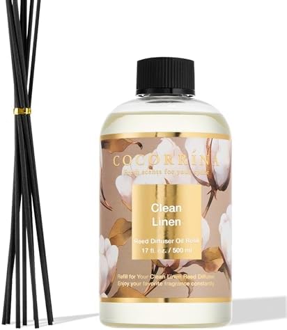 Cocorrína Reed Diffuser Refill Clean Linen 17oz (500ml) with 8 Rattan Sticks - Premium Long-Lasting Scented Oil, Home Fragrance for Bedroom, Bathroom Home Decor