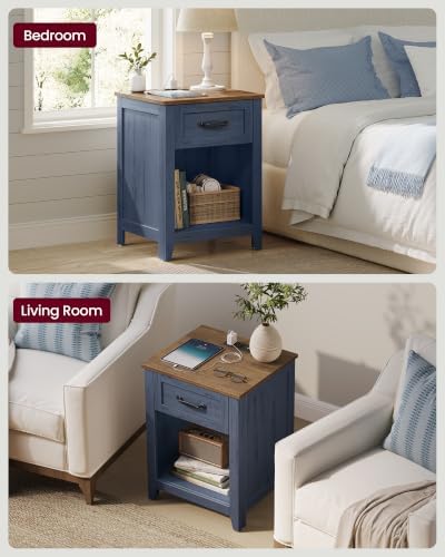 VASAGLE Farmhouse Nightstands with Charging Station, 1 Drawer, Set of 2