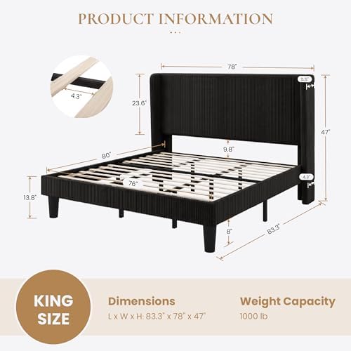 SHA CERLIN King Corduroy Platform Bed with Tufted Wingback Headboard, Black
