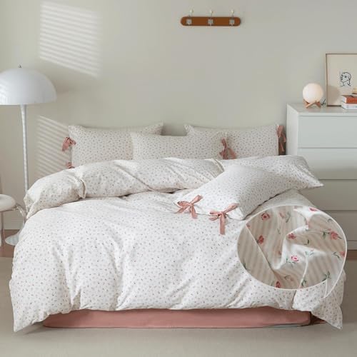 Full Duvet Cover Set,3 Pieces Pink Flower Stripes Prints Duvet Cover with 2 Bowknot Pillowcases Vintage Floral Bedding Set Full Size 80"x90",Off-White/Cream