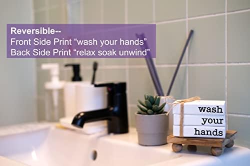 Farmhouse Mini Bookstack for Bathroom Decor Wooden Books for Restroom Shelf Decorative Accent for Guest Bathroom Sign, 2 Signs in 1 Reversible - Wash Your Hands/Relax Soak Unwind