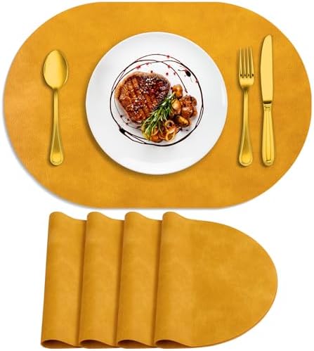 ADRIMER Oval Placemats Set of 4, Wipeable Faux Leather, Yellow